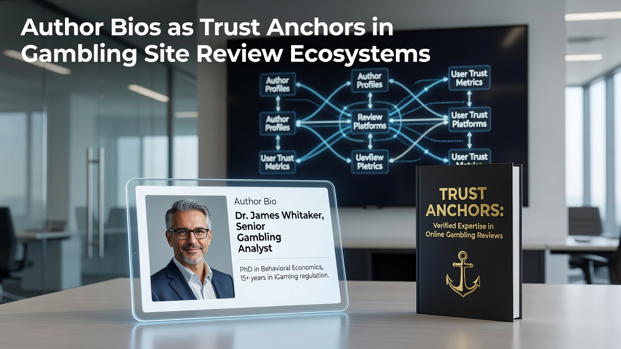 Illustration showing author profile icons connected to trust signals in a digital review network for gambling platforms