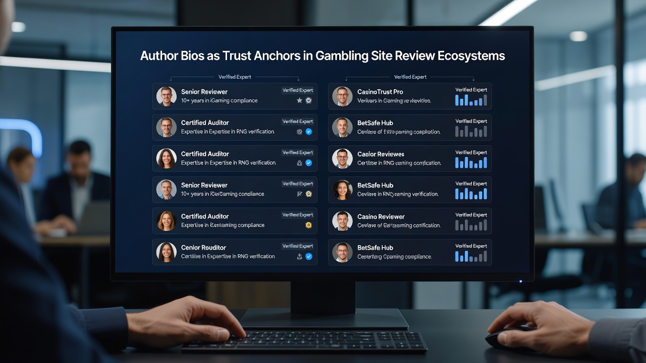 Screenshot-style image of a gambling review website interface highlighting an expanded author biography section next to a casino rating table