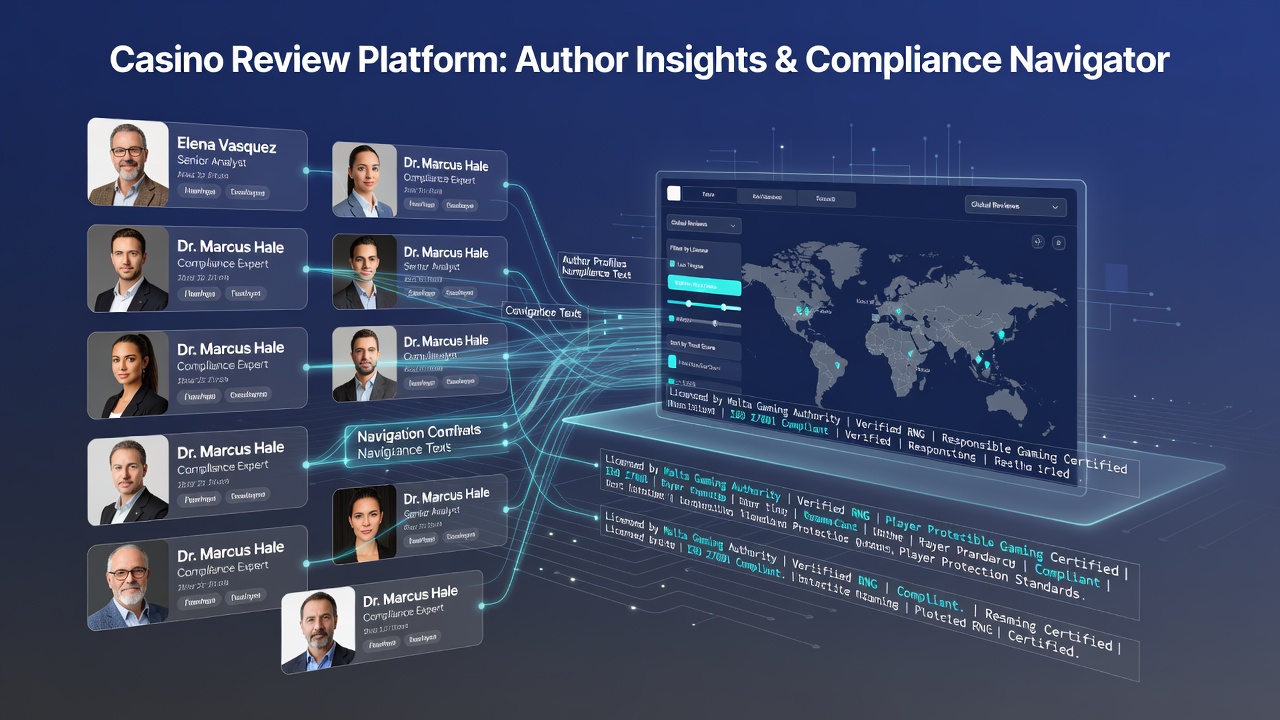Screenshot of author bio page with navigation sidebar pointing to compliance text sections on a casino review portal