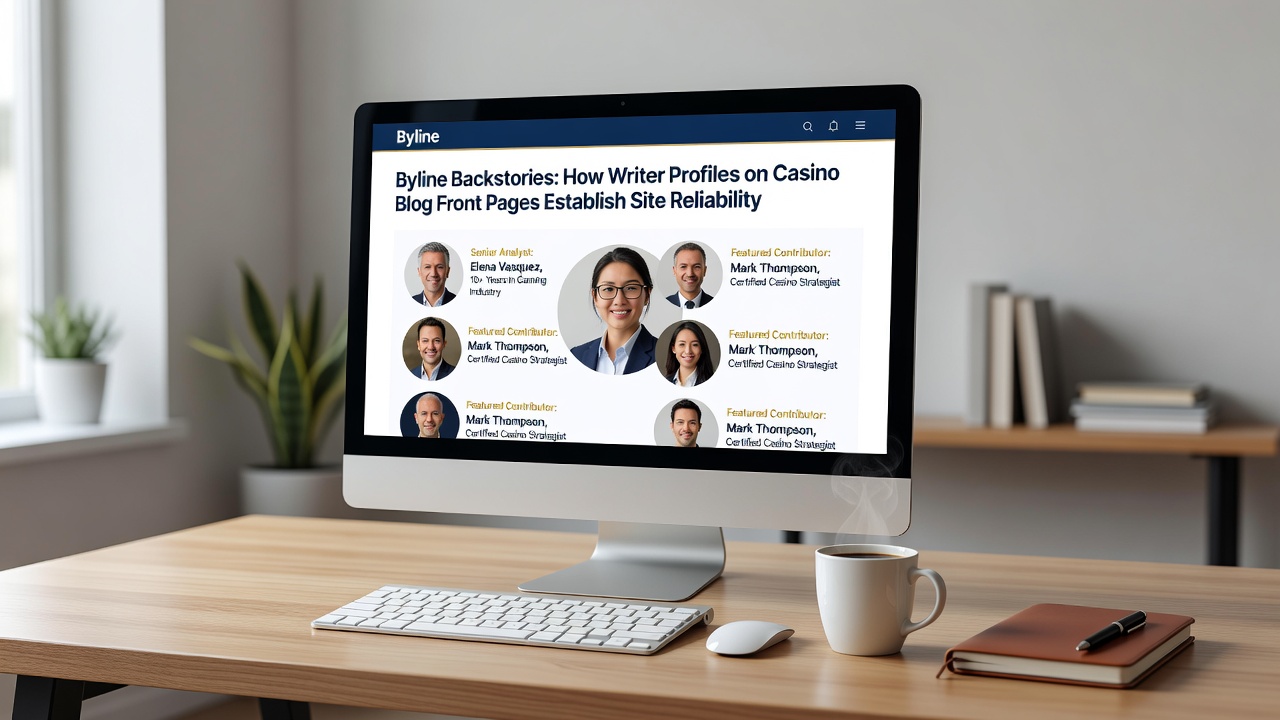 Casino blog homepage showcasing prominent author profiles with photos and credentials next to featured articles