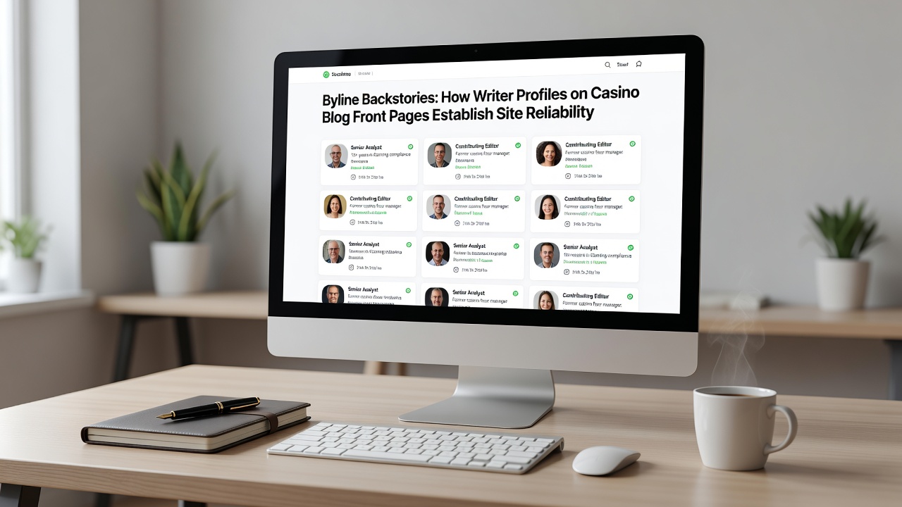 Detailed author profile card displayed on a casino blog homepage with bio text, publication stats, and regulatory focus areas
