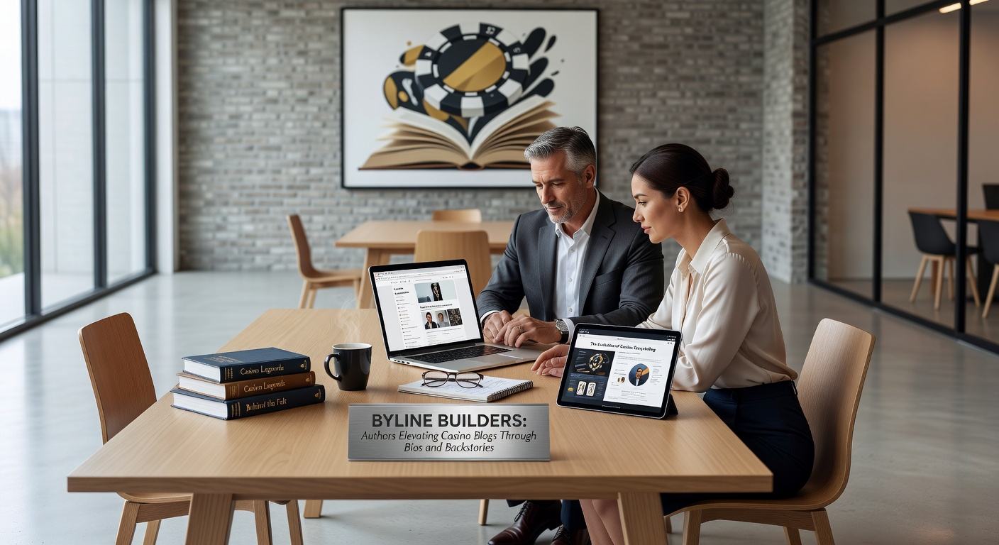 A dynamic illustration of a writer's desk cluttered with casino chips, laptops, and glowing byline text overlays, symbolizing the fusion of personal narrative and gaming expertise