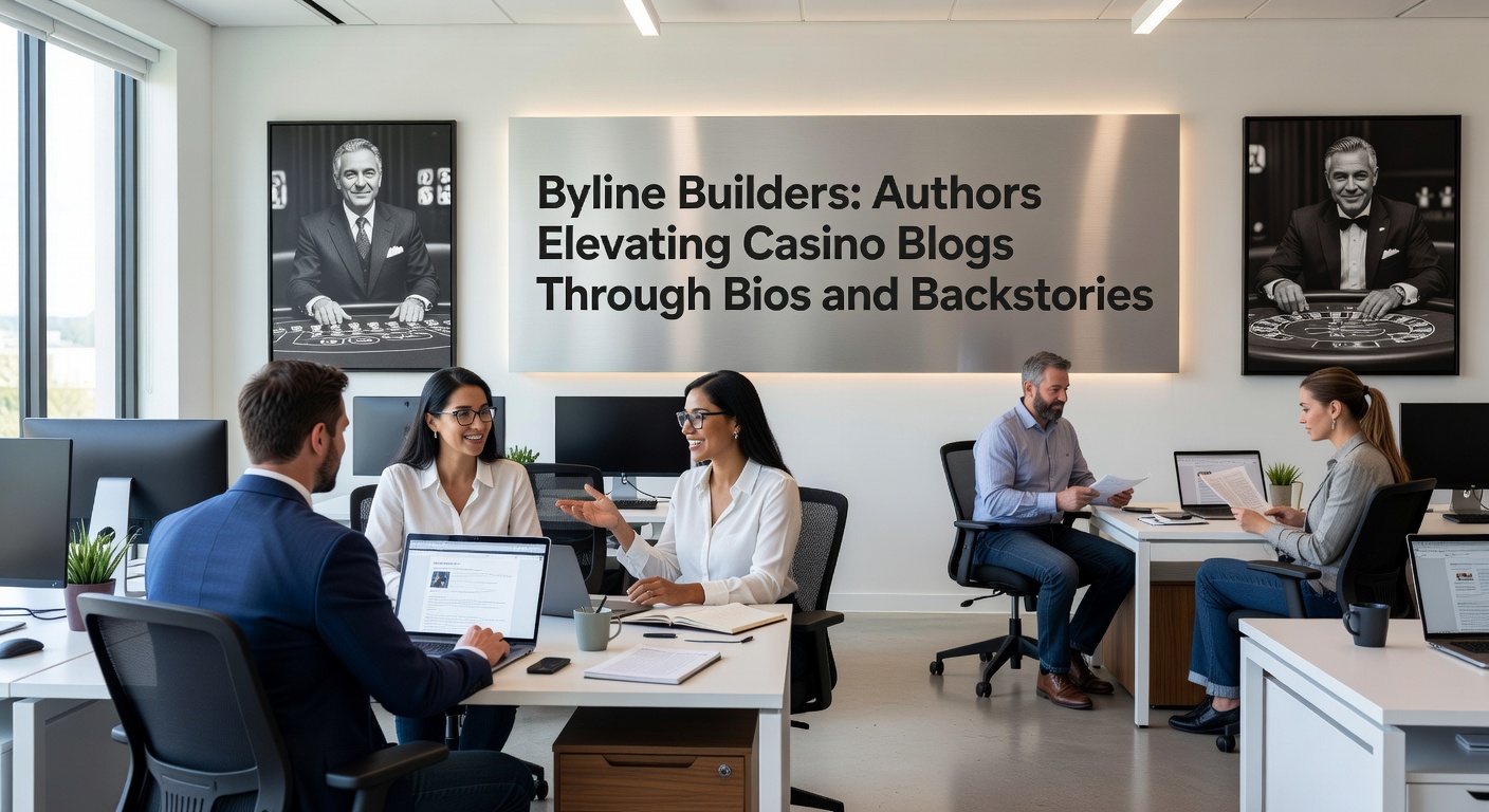 Close-up of a casino blogger typing furiously at a neon-lit desk, with byline elements like bio icons and backstory snippets floating around, capturing the creative process of author profiling