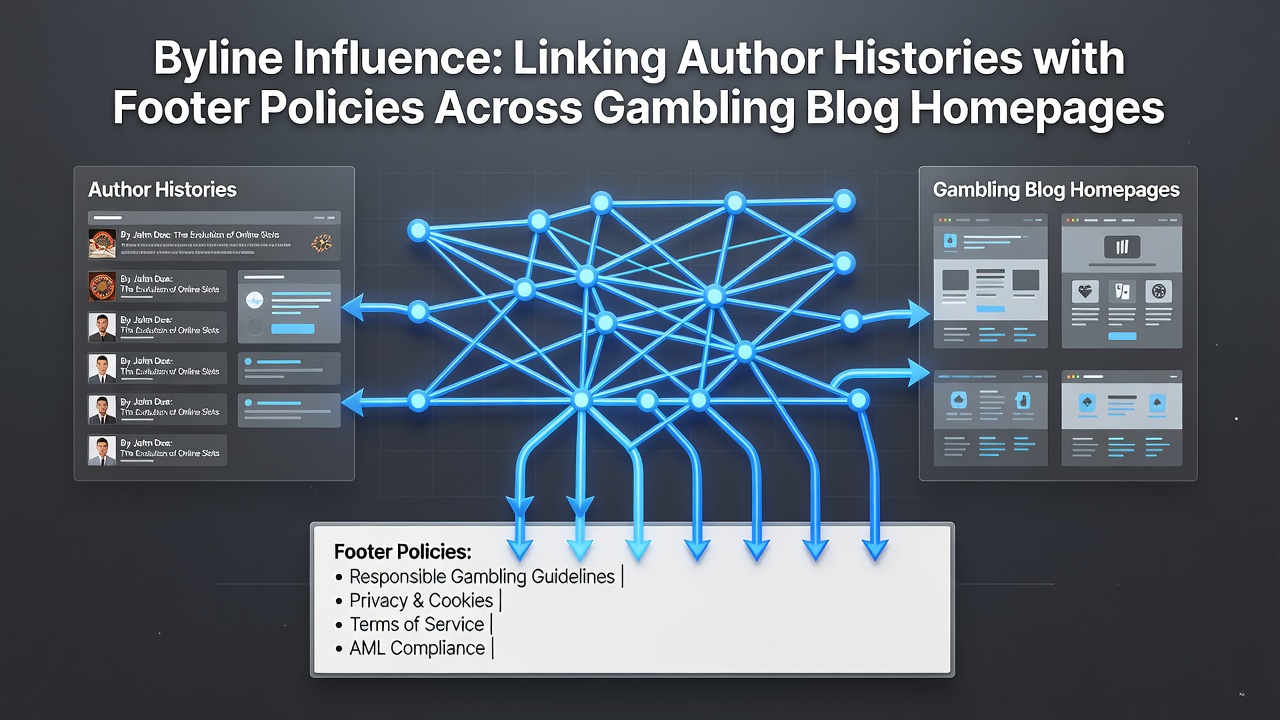 Homepage layout showing byline placement next to footer policy links on a gambling review site