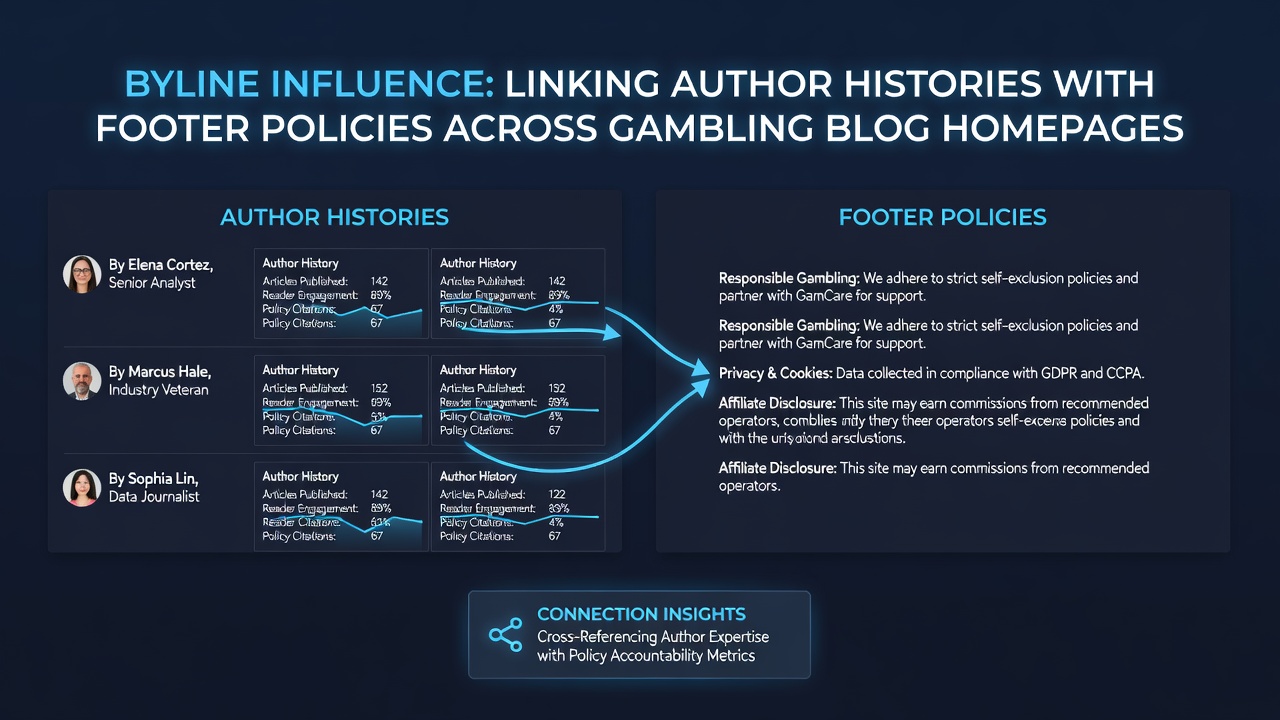 Close-up of footer policy text alongside author bio links on a casino blog homepage