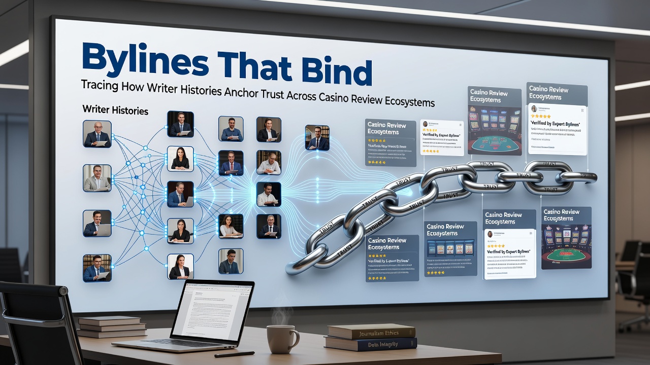 Illustration of interconnected bylines and author profiles linking across multiple casino review websites