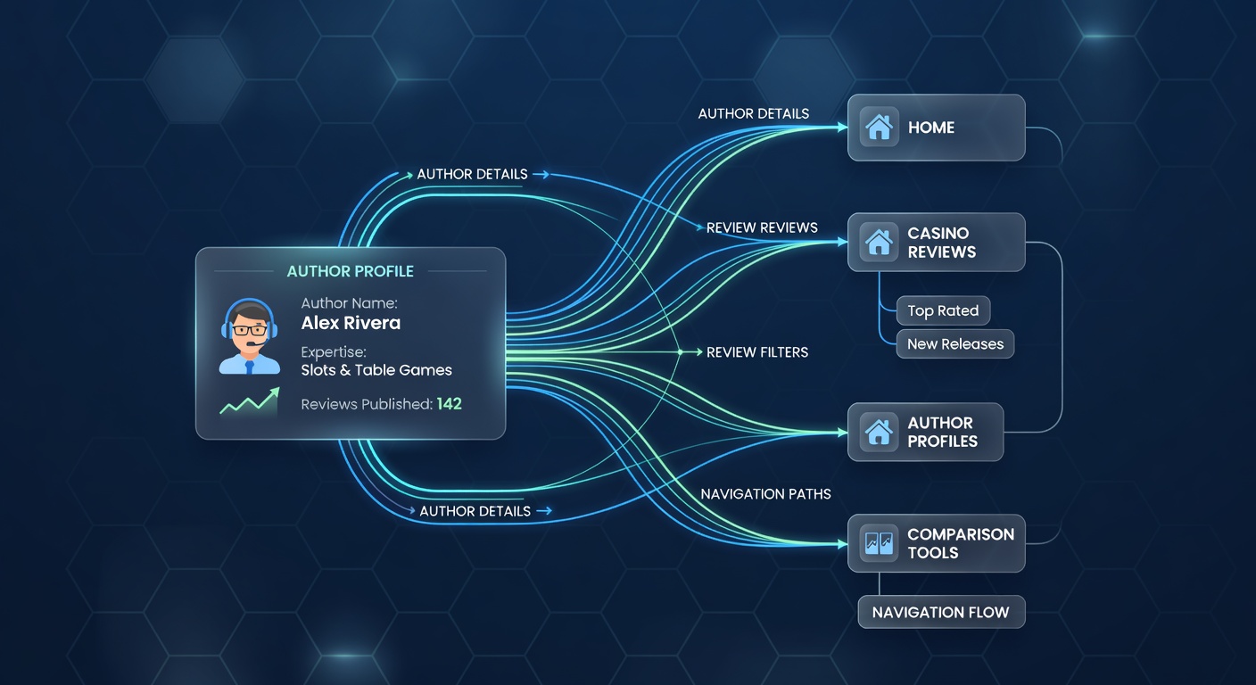 Diagram showing author profile integration with main navigation menus on casino review platforms