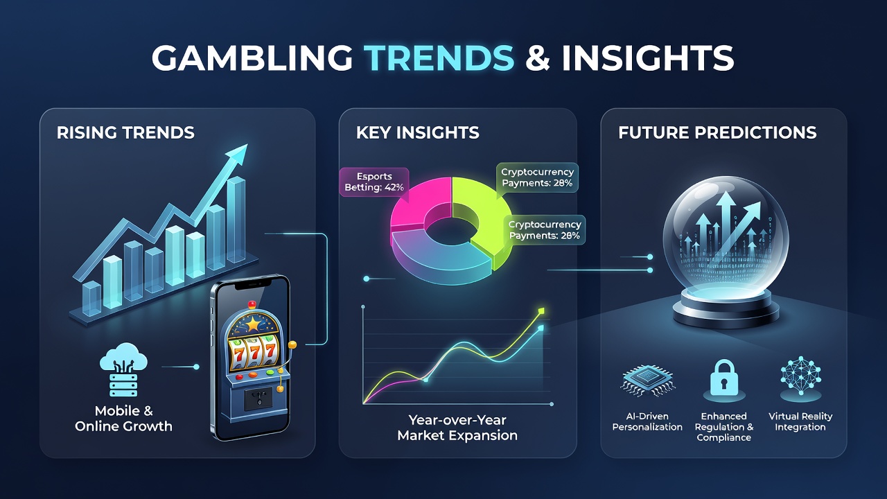 Overview of global gambling market growth with charts showing regional revenue changes through mid-2026