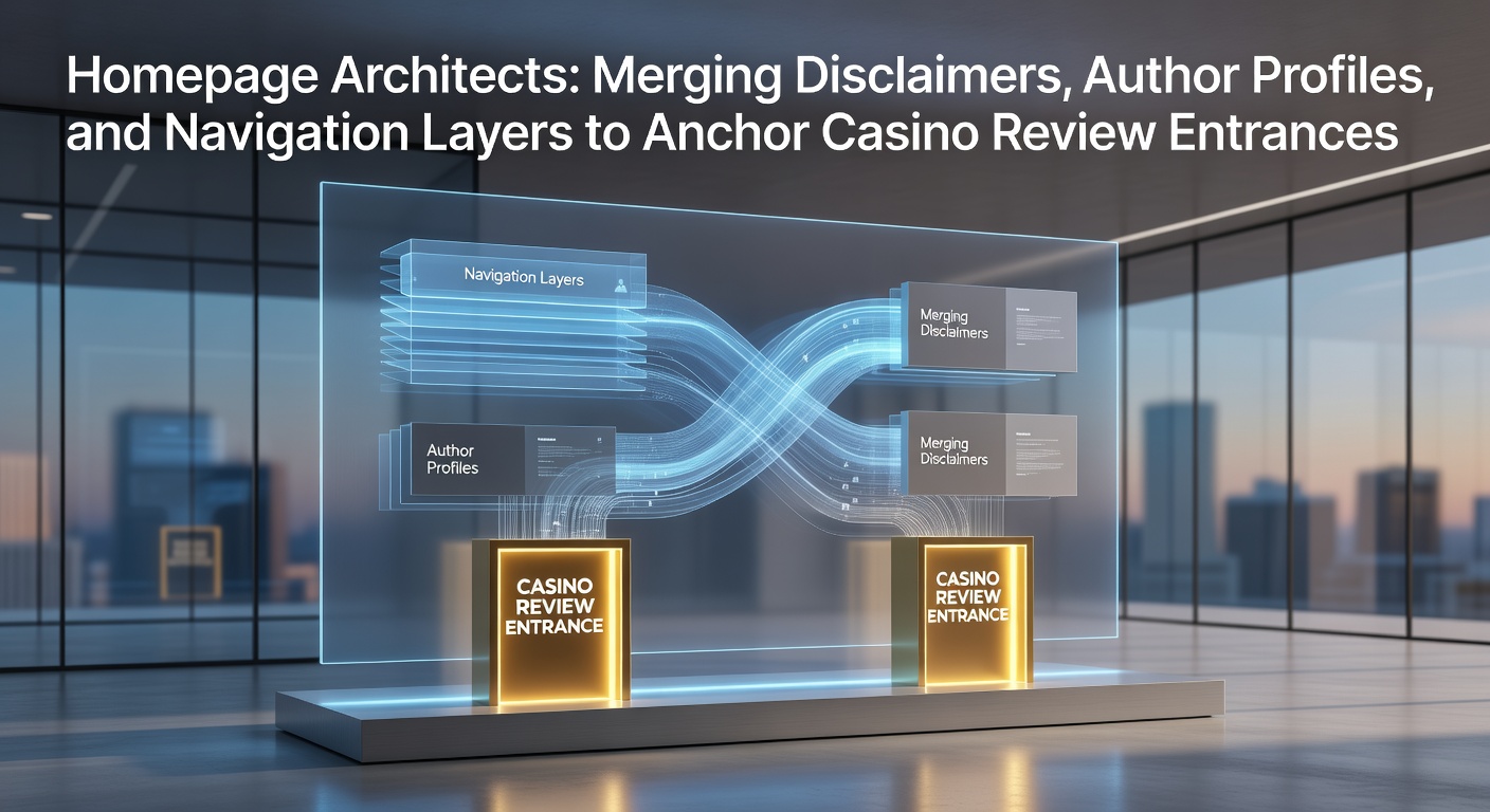 Casino review homepage layout with disclaimers, author profiles, and navigation integrated at the entrance