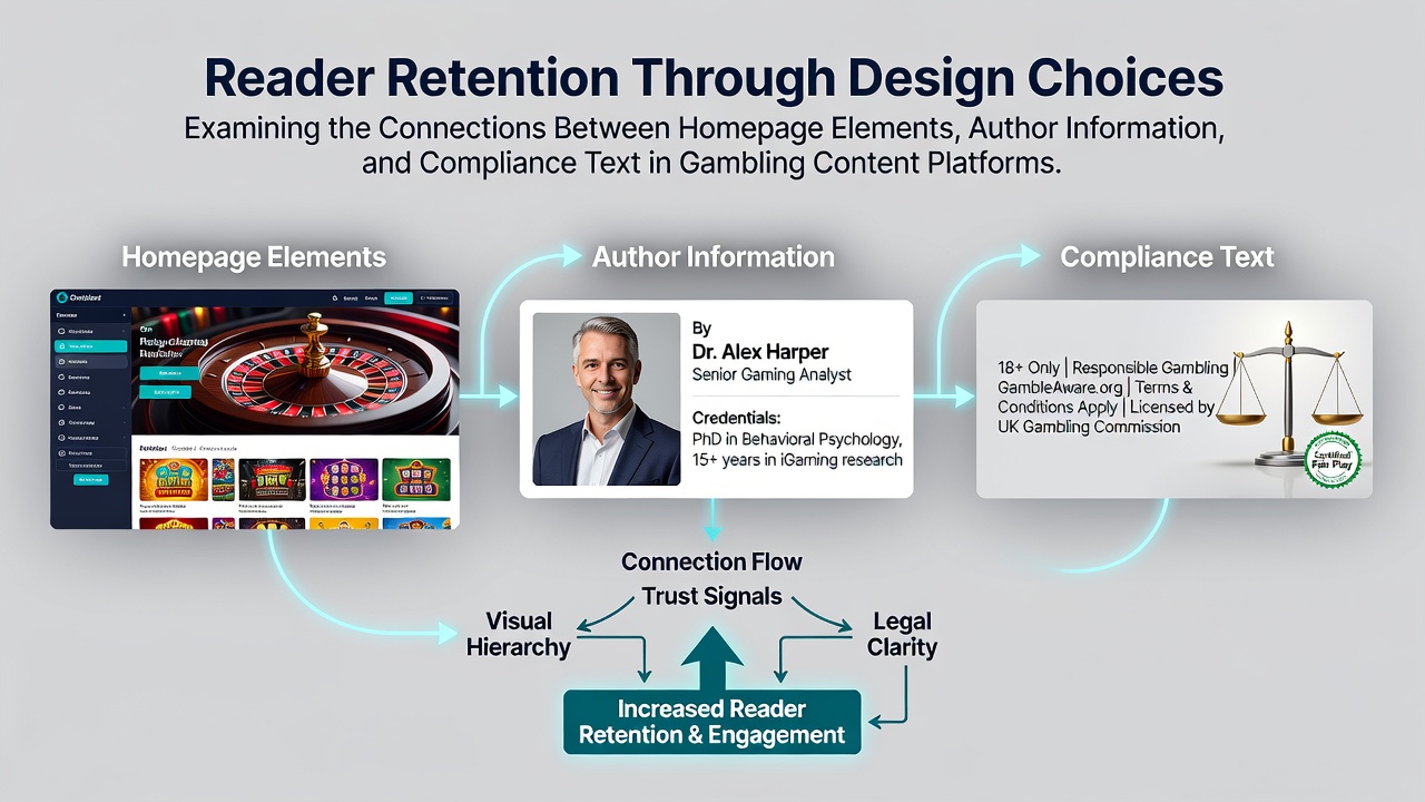Homepage layout example showing navigation menus, featured articles, and author highlights on a gambling review platform