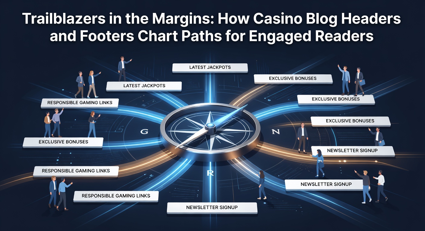 A sleek casino blog header displaying navigation menus, logo, and search bar against a vibrant gaming backdrop